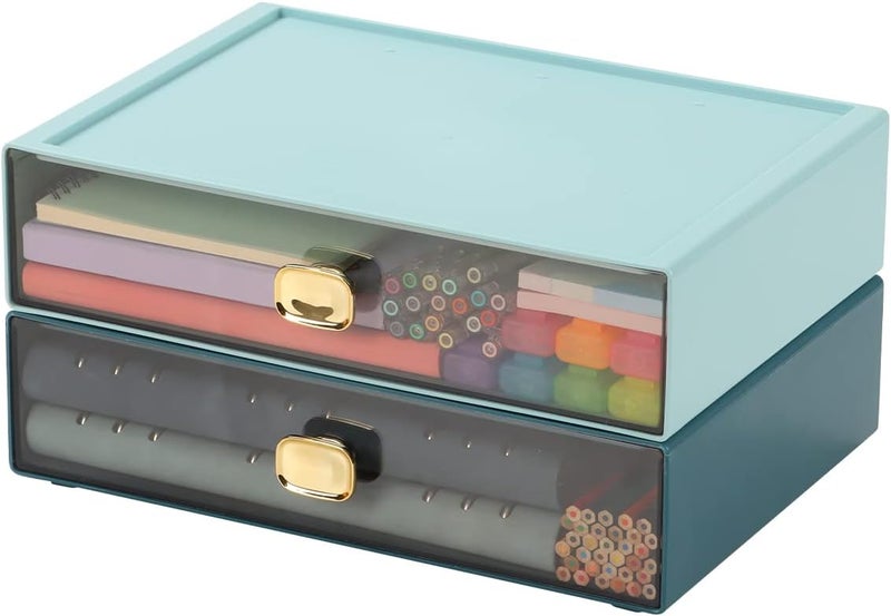 OSteed Spacious Desktop Storage Box, 2 Large Storage Drawers, Stackable Office Desk Drawer Organizer and Accessories, Printer Paper Organizer, Blue & Cyan Plastic Drawers for Workspace & Home - Image 4